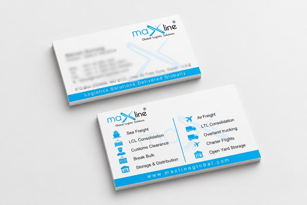 Maxline Global Logistic Solutions business cards showing front and back design