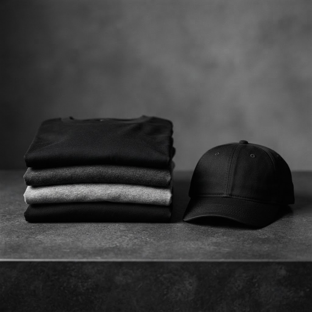 Neatly folded premium cotton t-shirts and a cap on a graphite surface