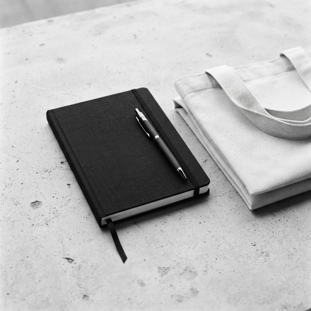 Branded notebook, pen and canvas tote arranged on a concrete surface