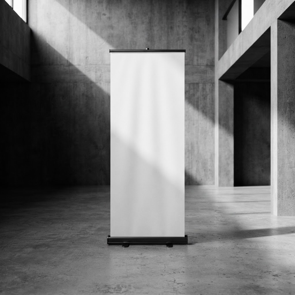 Tall blank roll-up banner standing in a minimal concrete interior
