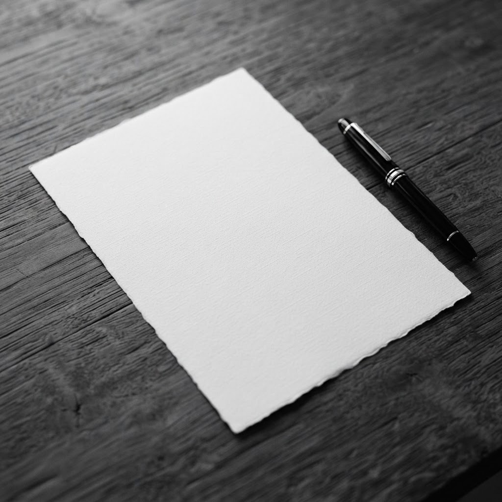 Single premium letterhead sheet on a textured desk with a fountain pen