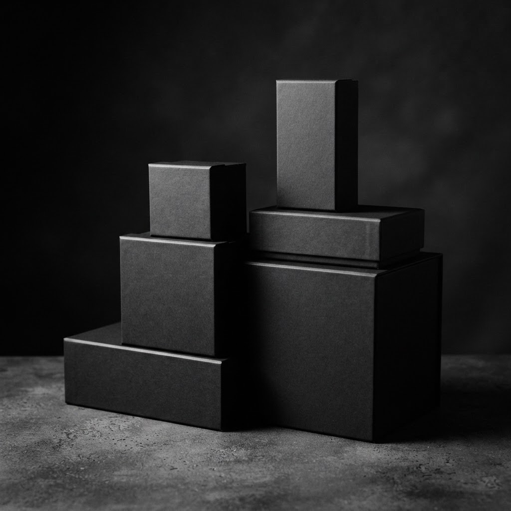 Set of premium matte rigid packaging boxes stacked on a dark surface