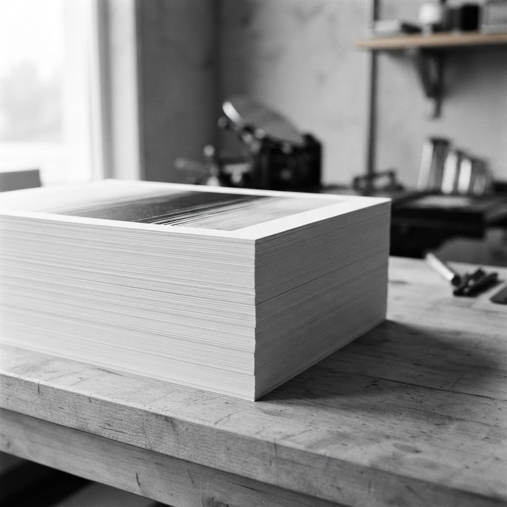 Freshly printed sheets stacked with aligned edges in a print studio